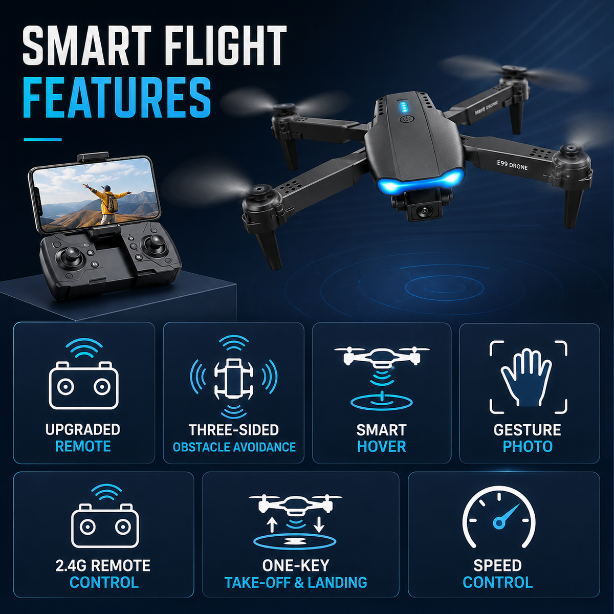 E99 Pro Foldable Camera Drone with Remote Control – App Control & Smart Hover